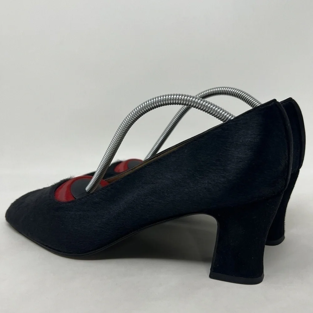 Womens Stuart Weitzman Fur Pumps 9 C Vintage Black Leather Heels Shoes